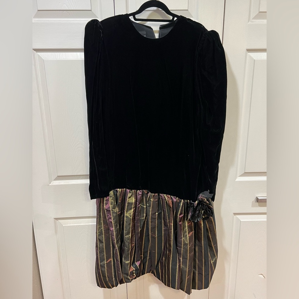 Vintage Chez California Velvet Cocktail Dress Size 24W Jewel Tone Striped Skirk